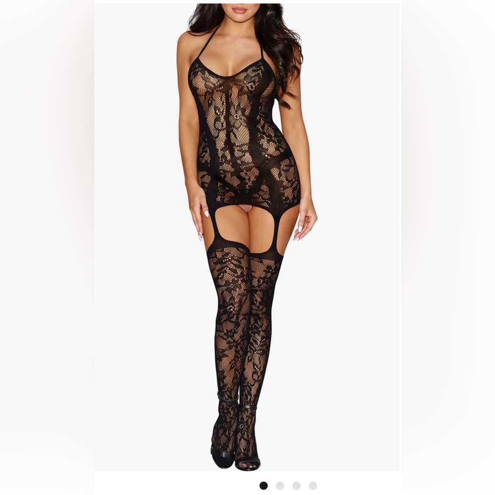 Dreamgirl Lace & Fishnet Chemise with Thigh High Stockings One Size